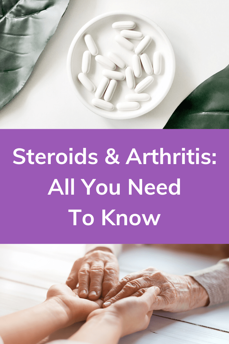 woman with arthritis holding hands and bowl of white pills