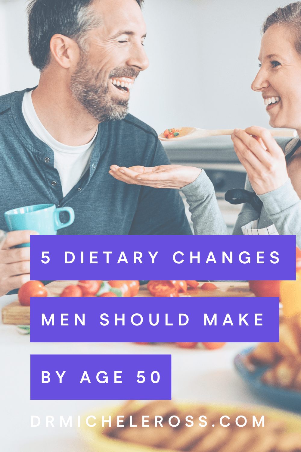 woman helping man over 50 with dietary changes in the kitchen