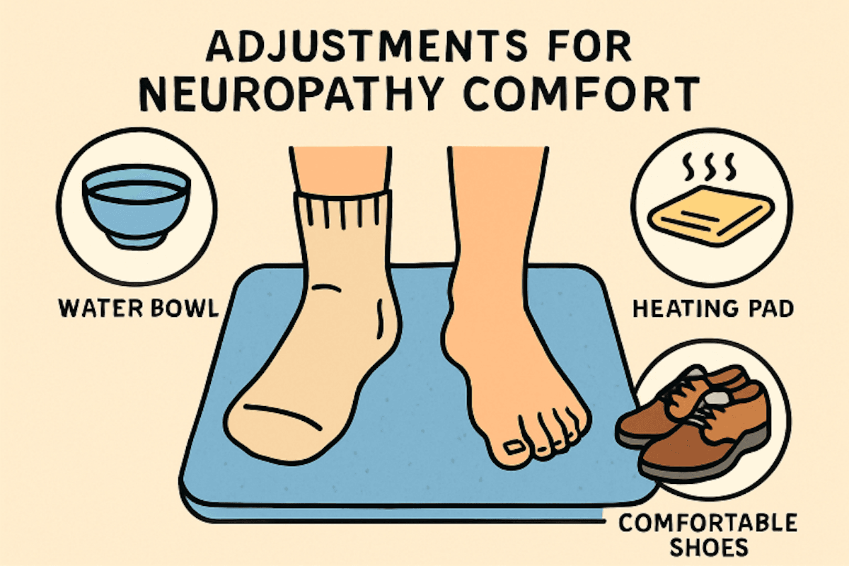 comfortable shoes, compression socks, and hot water baths can help peripheral neuropathy