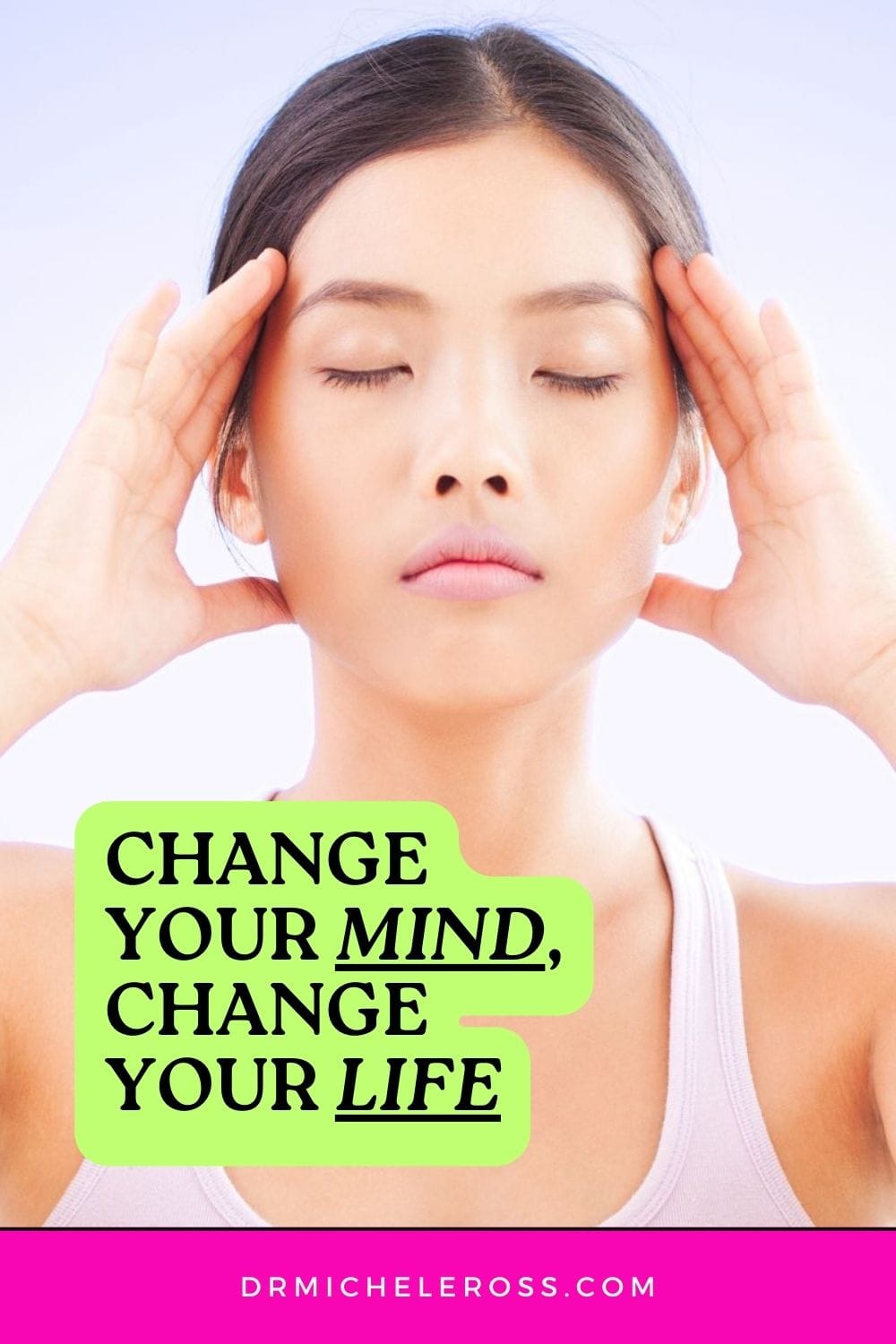 young asian woman with her eyes closed meditating with eyes closed pinterest pin