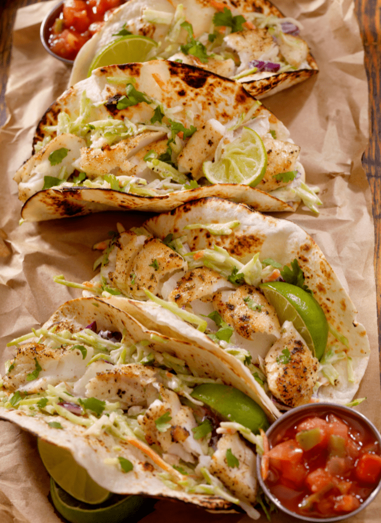 fish tacos with cabbage and lime