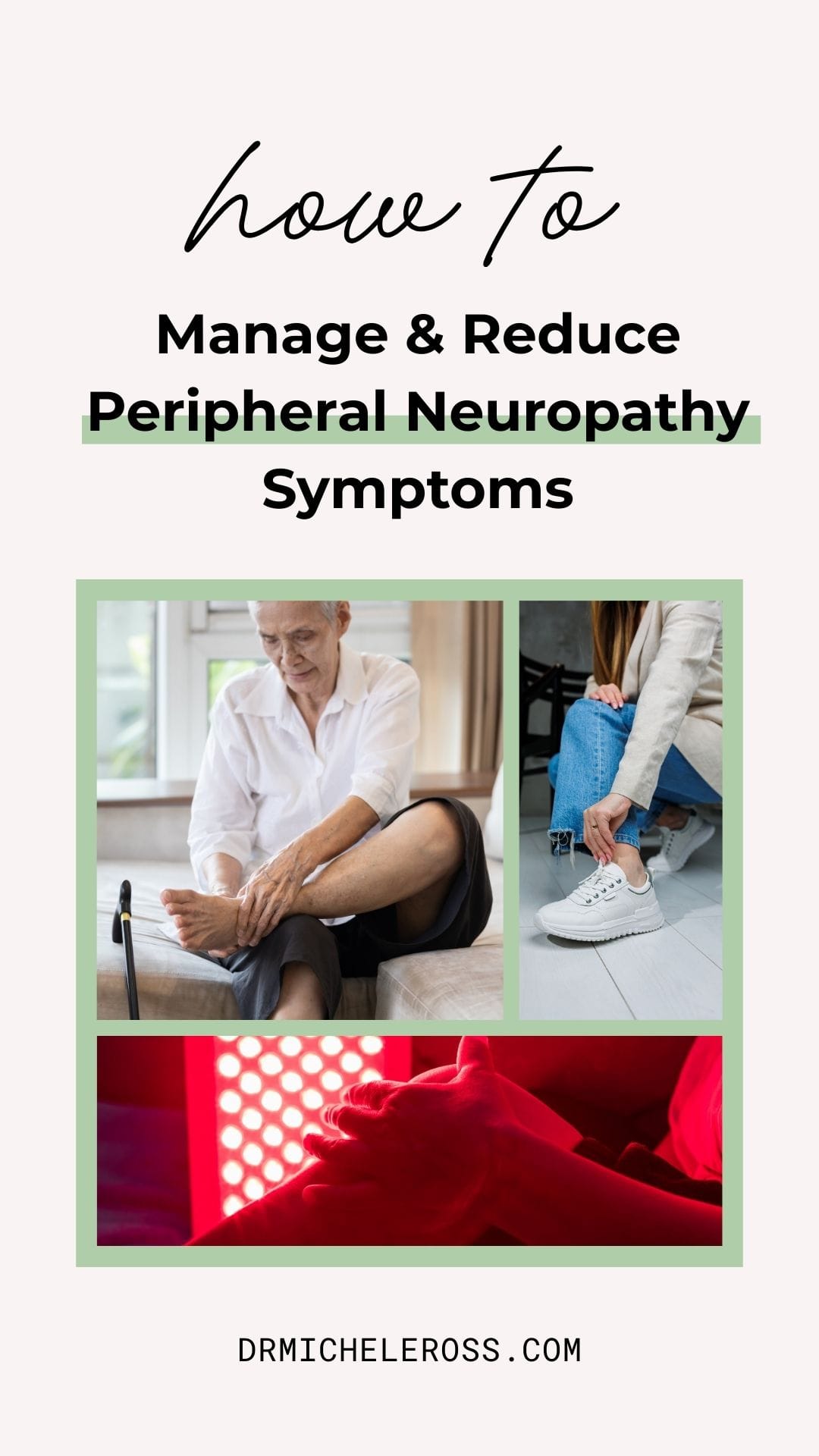 senior woman with peripheral neuropathy in foot hurting, red light therapy, and comfortable shoes