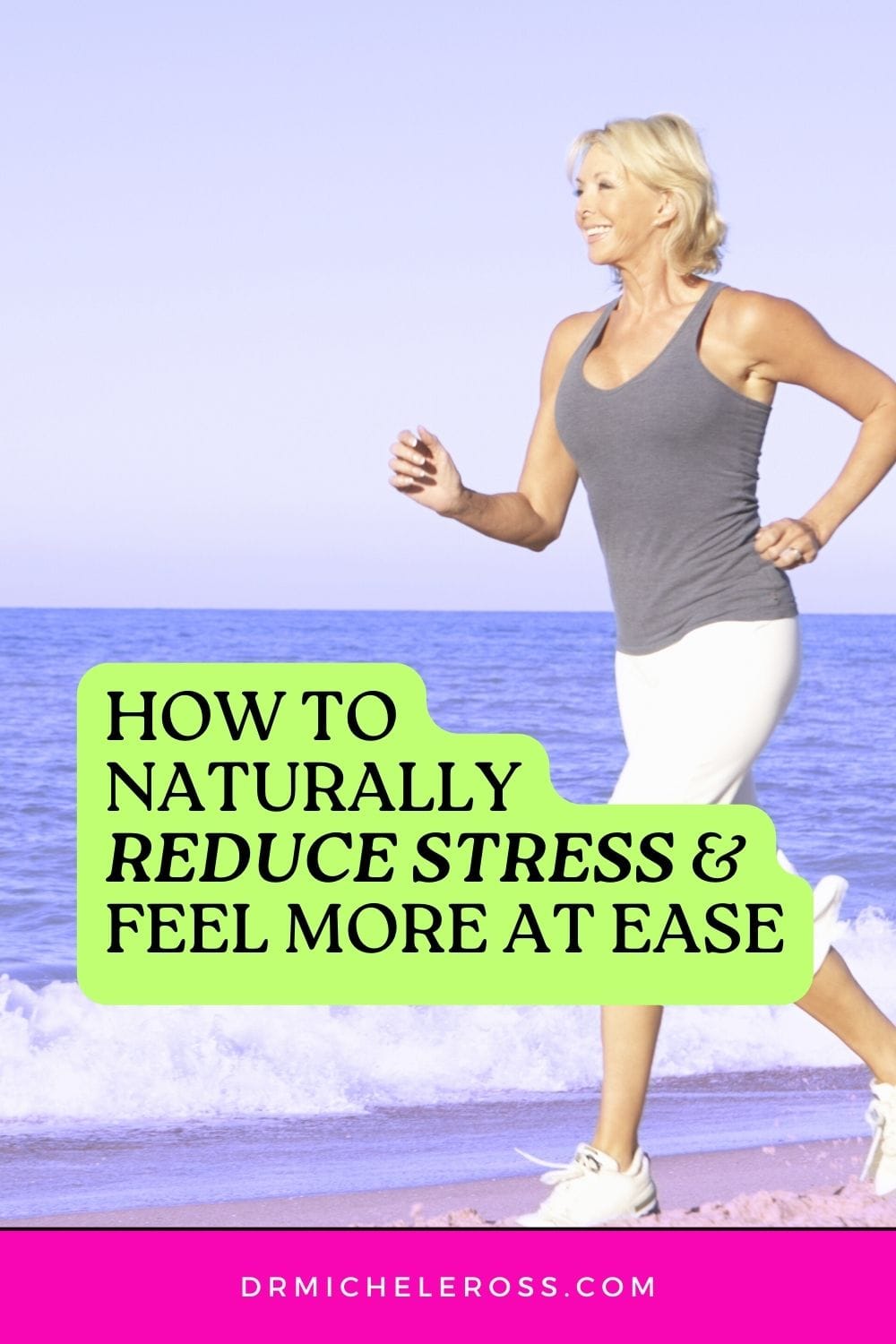 older woman running on the beach to reduce stress and feel healthier