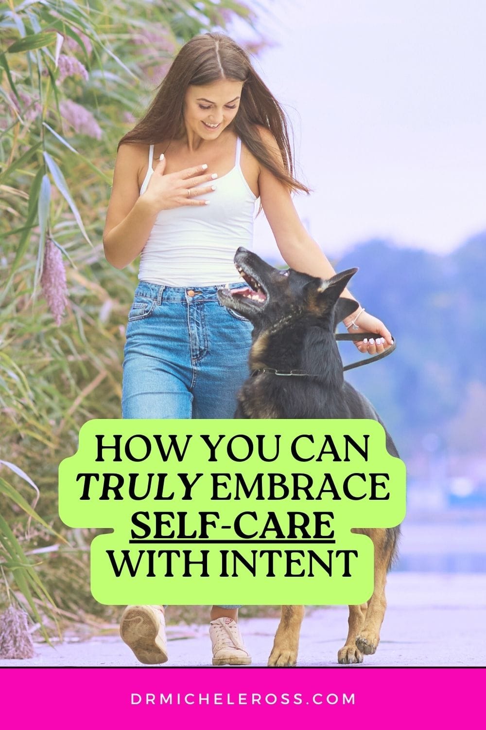 woman taking time for self-care walking her dog outside in the park