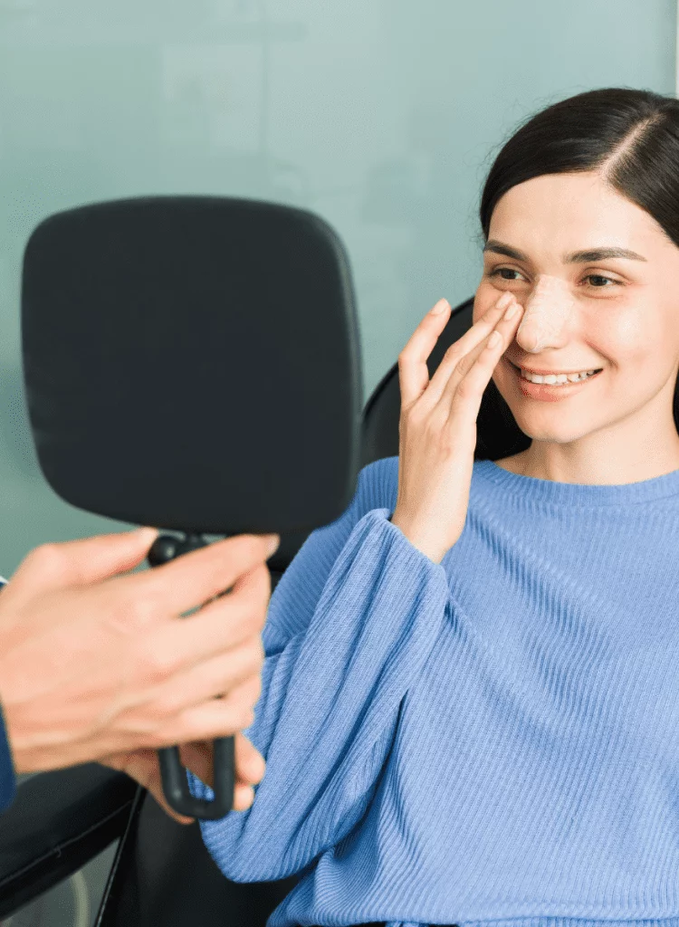 young woman looking at the results of her nose job successful rhinoplasty surgery