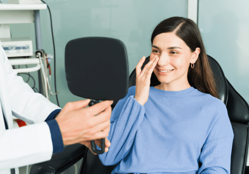 young woman looking at the results of her nose job successful rhinoplasty surgery