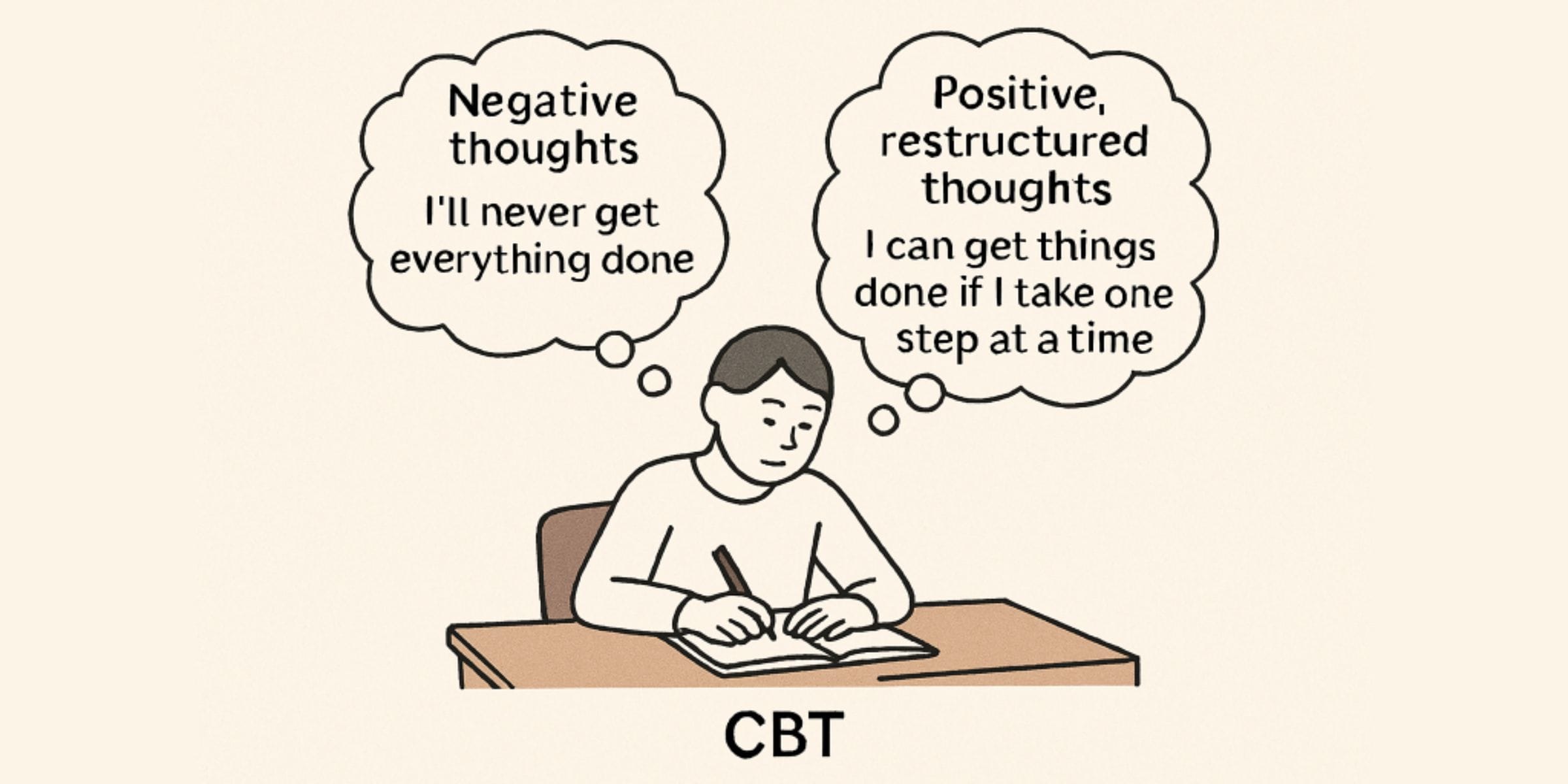 person transforming negative thoughts into positive ones with CBT therapy