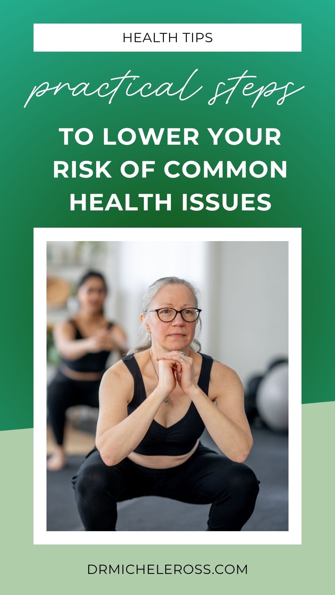 senior woman with glasses squatting in an exercise class to get healthy