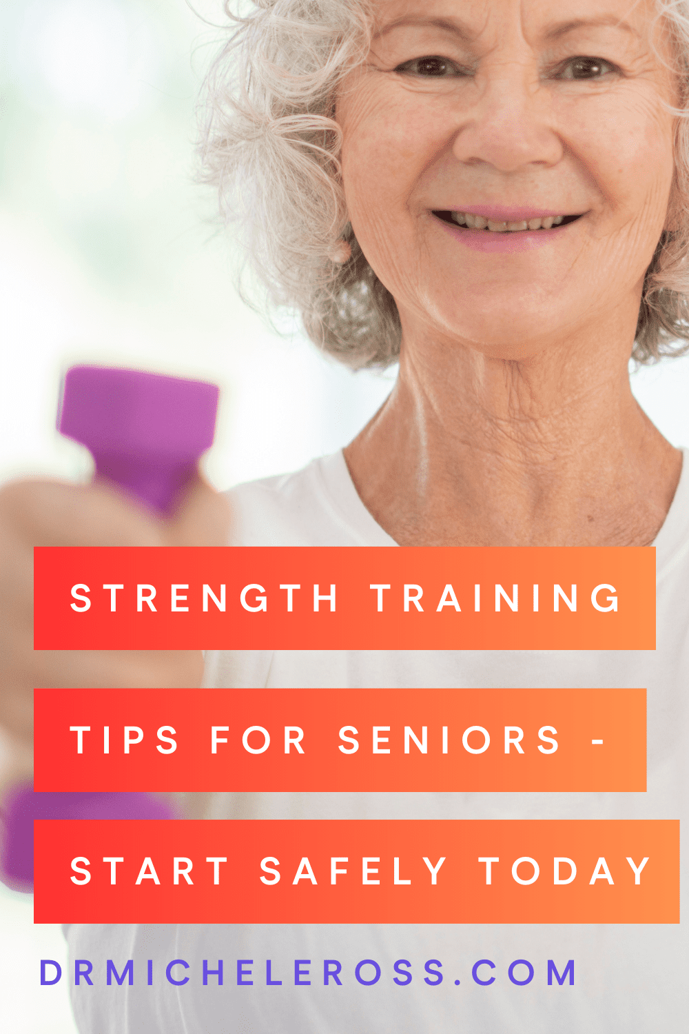 senior woman lifting purple weights strength training safely