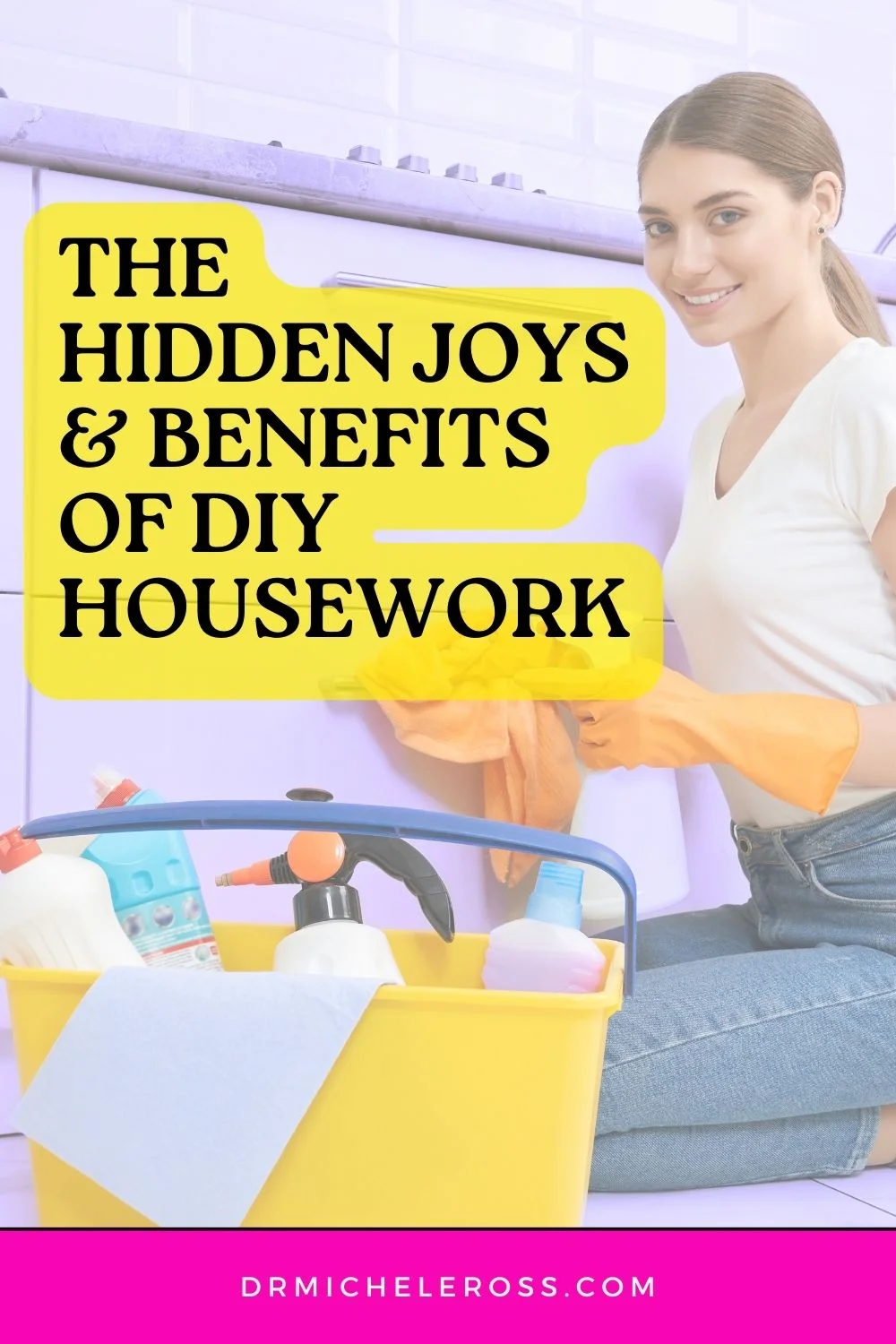 woman enjoying spring cleaning her kitchen pinterest pin
