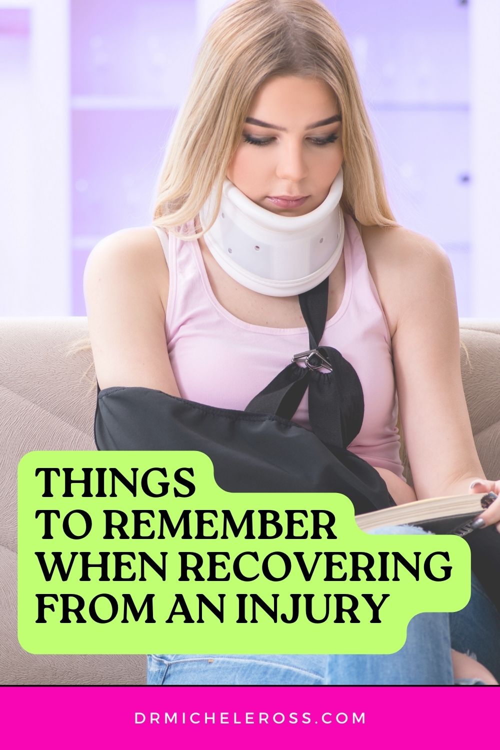 young woman in neck brace and arm cast injured recovering from car accident injury pinterest pin