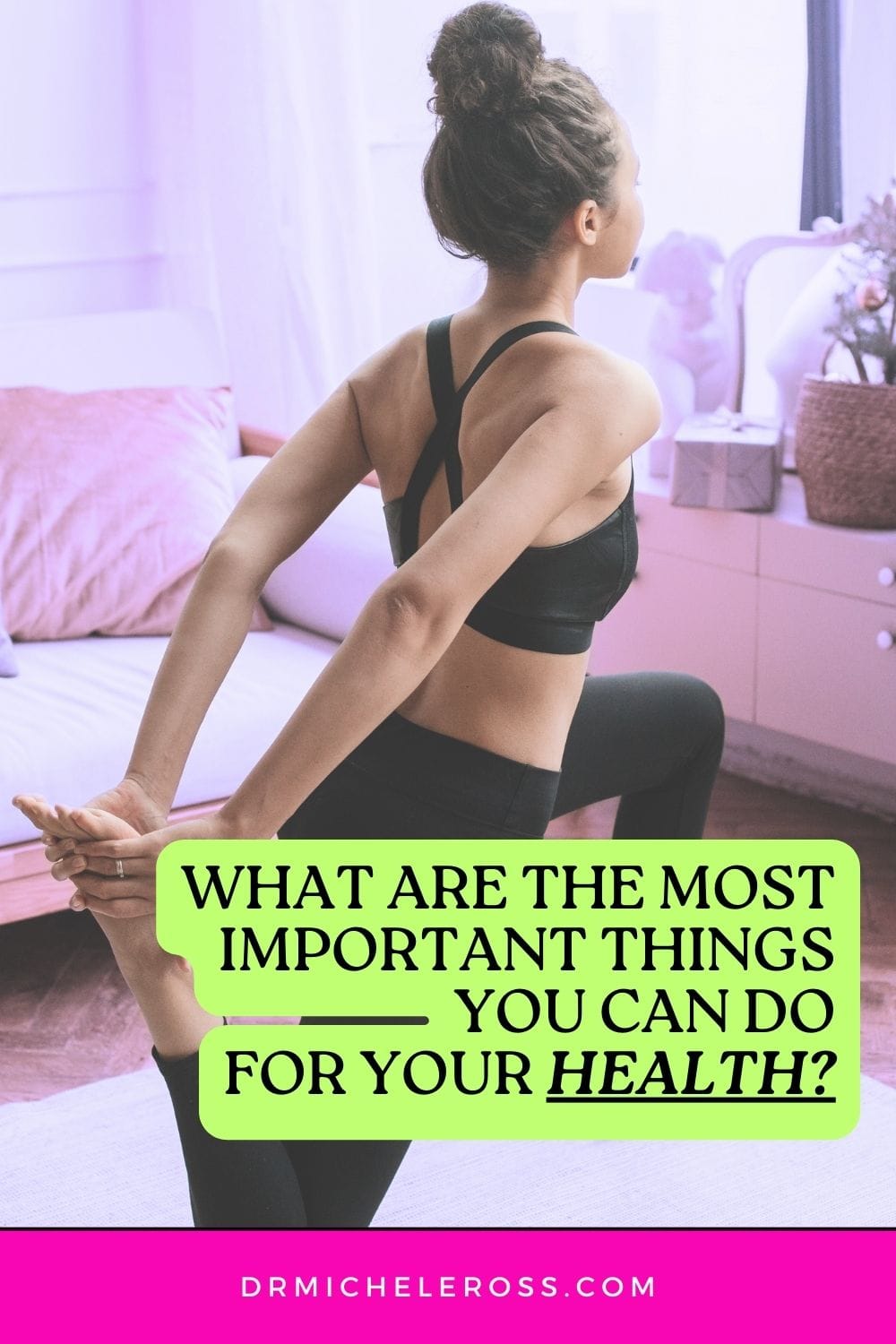 woman doing yoga in living room to get healthy