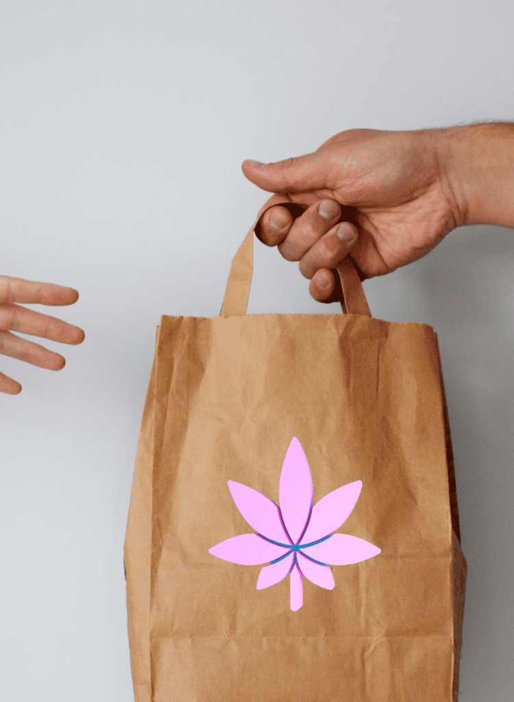 woman receiving weed delivery from man in pink cannabis flower paper bag