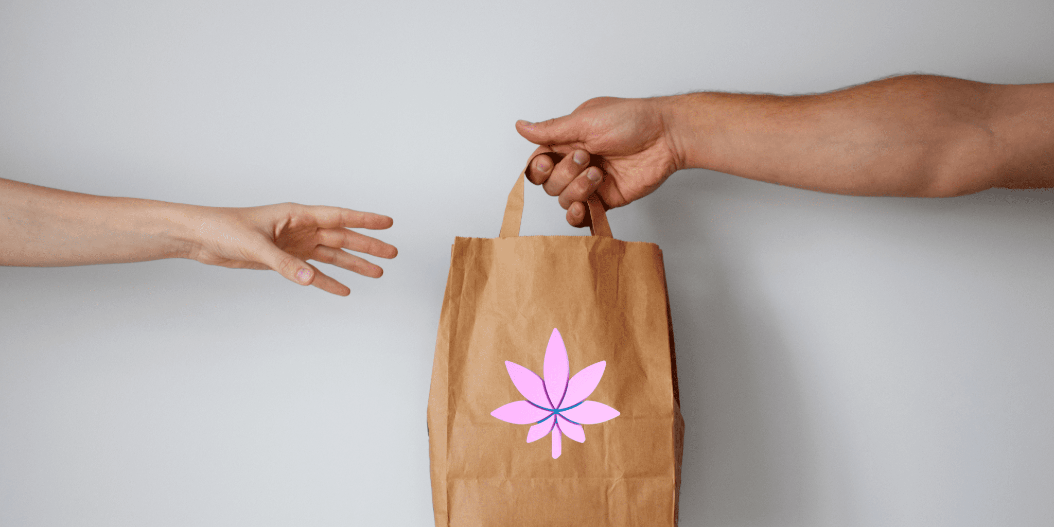 woman receiving weed delivery from man in pink cannabis flower paper bag