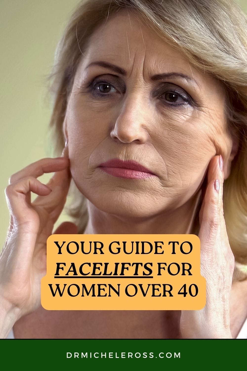 older woman looking at her wrinkles in the mirror wondering if a facelift will help